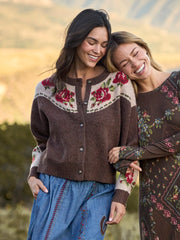 Jacquard Button Front Cardigan Sweater - Espresso Rose