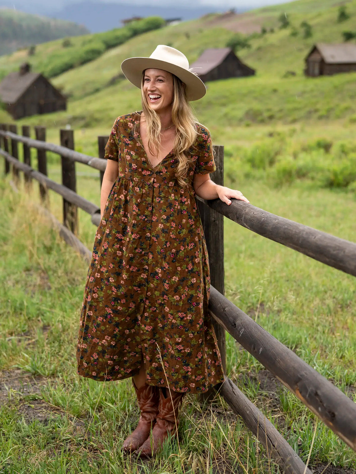 Avery Cotton Corduroy Midi Dress - Brown Floral Bouquets