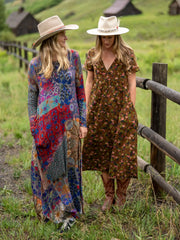 Avery Cotton Corduroy Midi Dress - Brown Floral Bouquets
