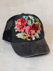 Needlepoint Trucker Hat - Dark Flower