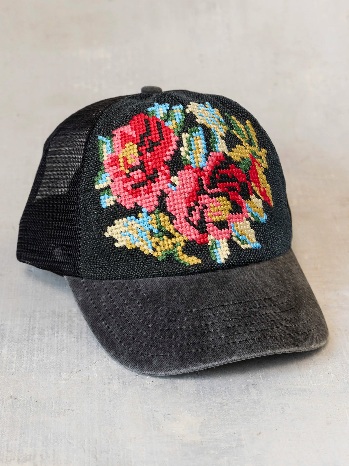 Needlepoint Trucker Hat - Dark Flower