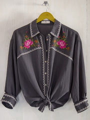Round Top Embroidered Button Down - Charcoal