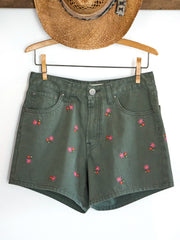 Embroidered Cotton Denim Shorts - Army Green
