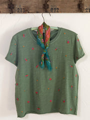Aiden Embroidered Cotton Tee - Olive Flowers