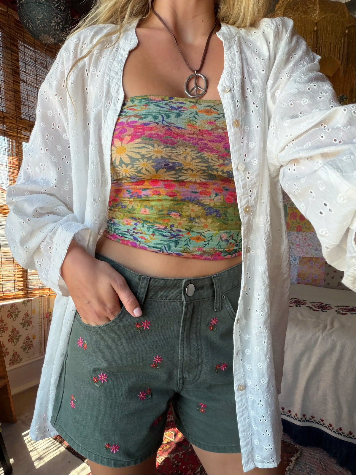 Embroidered Cotton Denim Shorts - Army Green