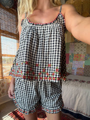 Harley Embroidered Cotton Top - Black Gingham