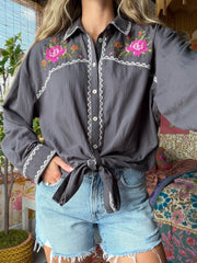 Round Top Embroidered Button Down - Charcoal