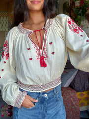 Embroidered Cotton Long Sleeve Peasant Top - Ivory