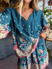 Maribel Top - Dark Teal Carnations
