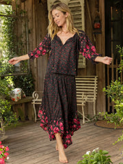 Feelin' Alive Convertible Cotton Midi Skirt - Black Fuchsia Floral