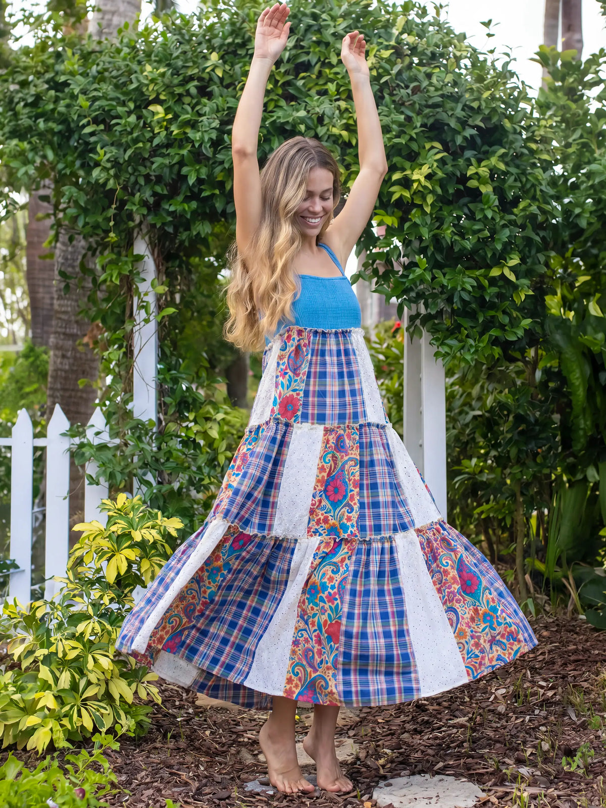 Patricia Patchwork Maxi Dress - Plaid Blue Fuchsia