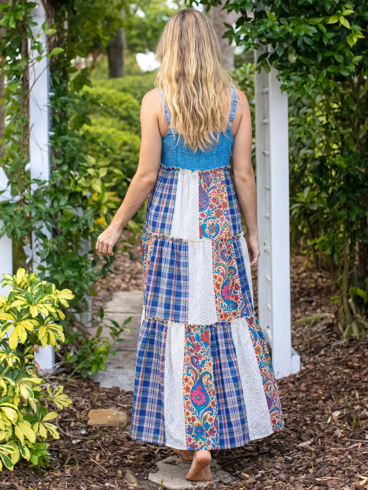 Patricia Patchwork Maxi Dress - Plaid Blue Fuchsia