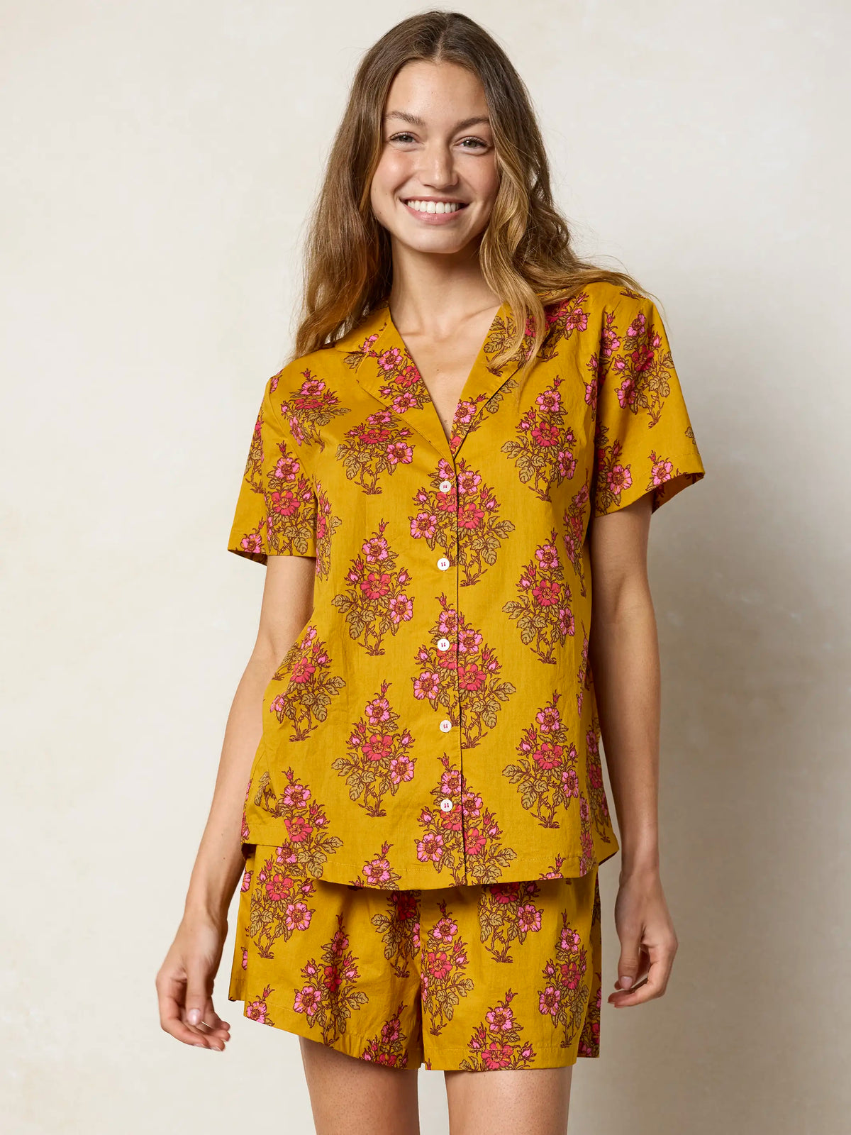 Mix & Match Cotton Short Sleeve Pajama Top - Garden Block Stamp Gold