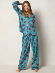 Mix & Match Cotton Long Sleeve Pajama Top - Flower Picking Teal