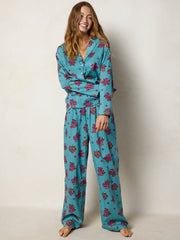 Mix & Match Cotton Long Sleeve Pajama Top - Flower Picking Teal
