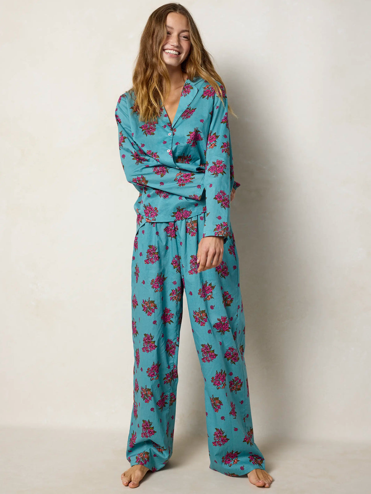 Mix & Match Cotton Long Sleeve Pajama Top - Flower Picking Teal