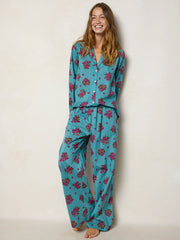 Mix & Match Cotton Long Sleeve Pajama Top - Flower Picking Teal