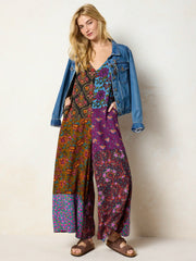 Let's Just Go Wide-Leg Jumpsuit - Woodcut Floral Blue