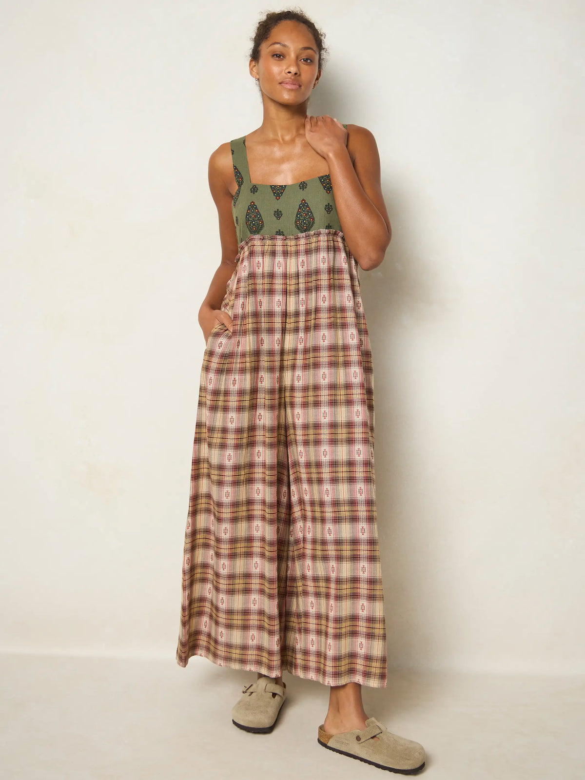 Gabi Jumpsuit - Tan Plaid Green Medallion