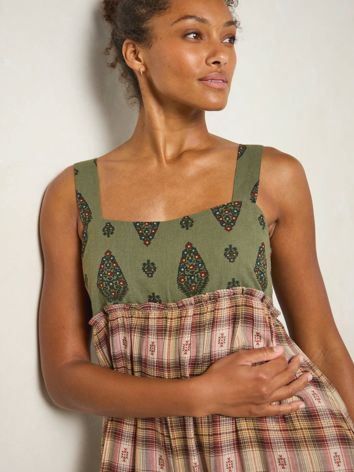Gabi Jumpsuit - Tan Plaid Green Medallion