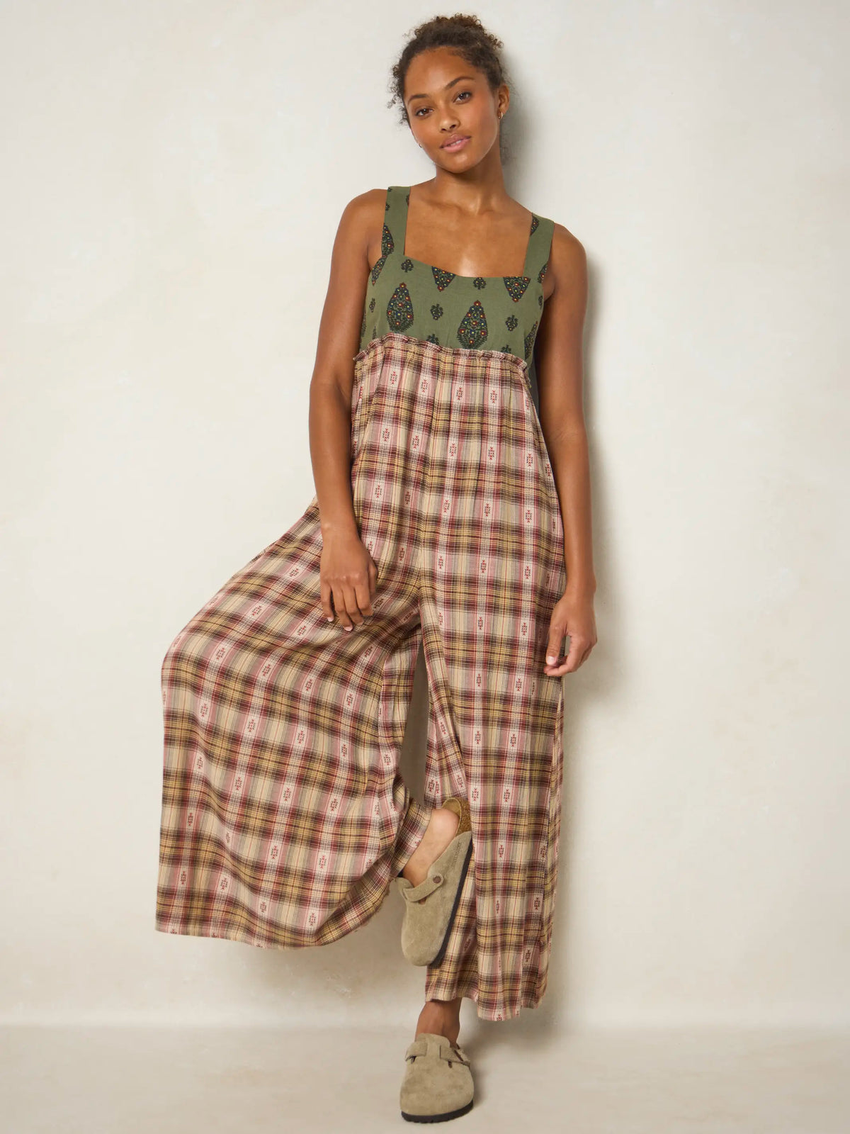 Gabi Jumpsuit - Tan Plaid Green Medallion