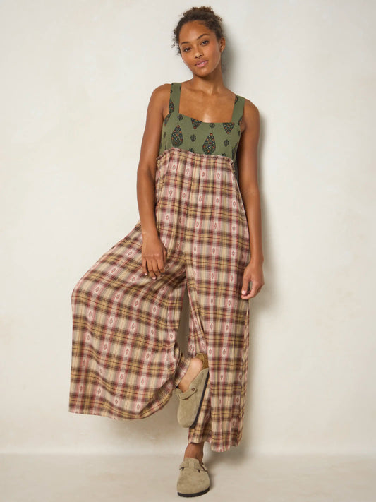 Gabi Jumpsuit - Tan Plaid Green Medallion