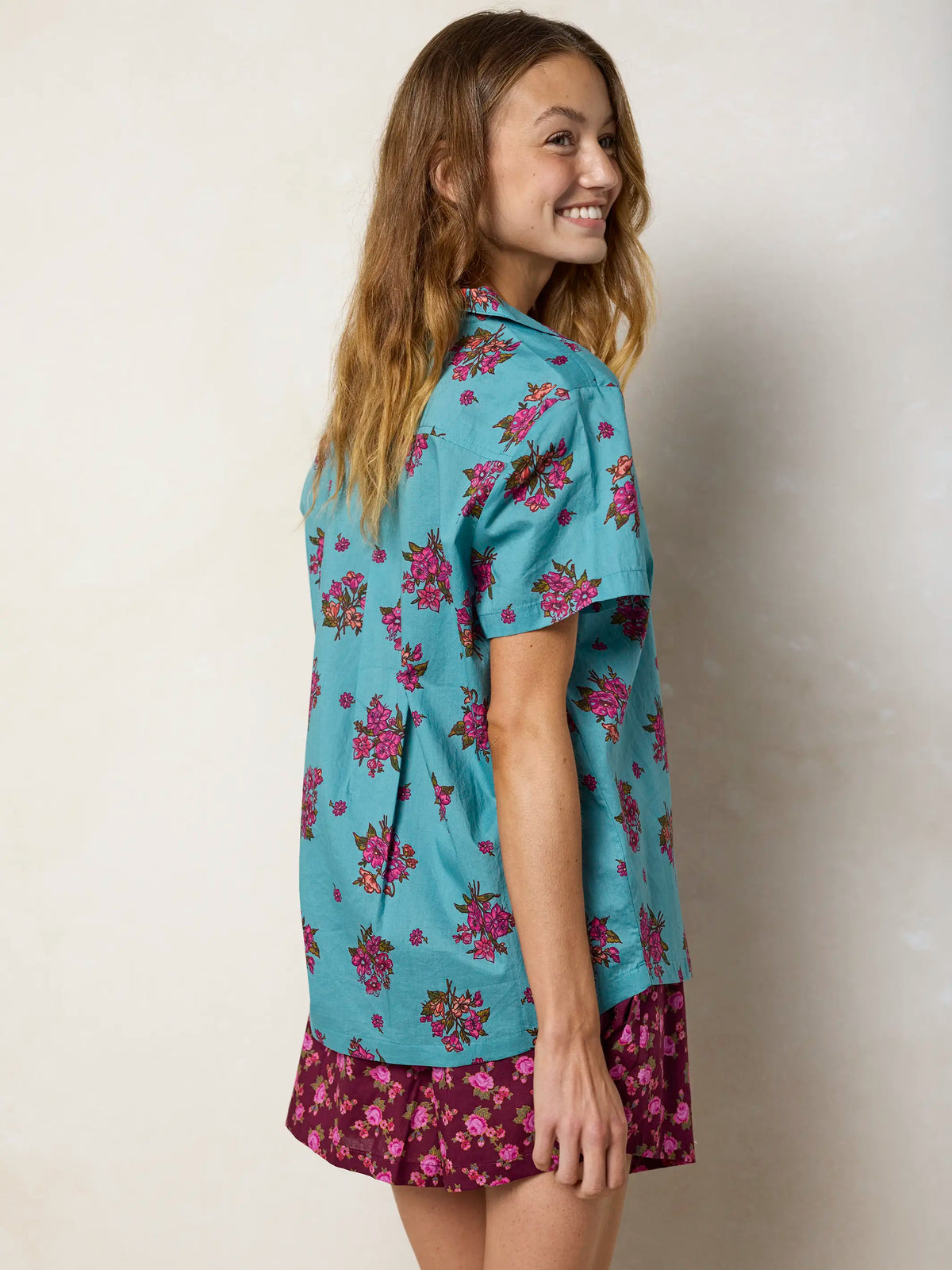 Mix & Match Cotton Short Sleeve Pajama Top - Flower Picking Teal