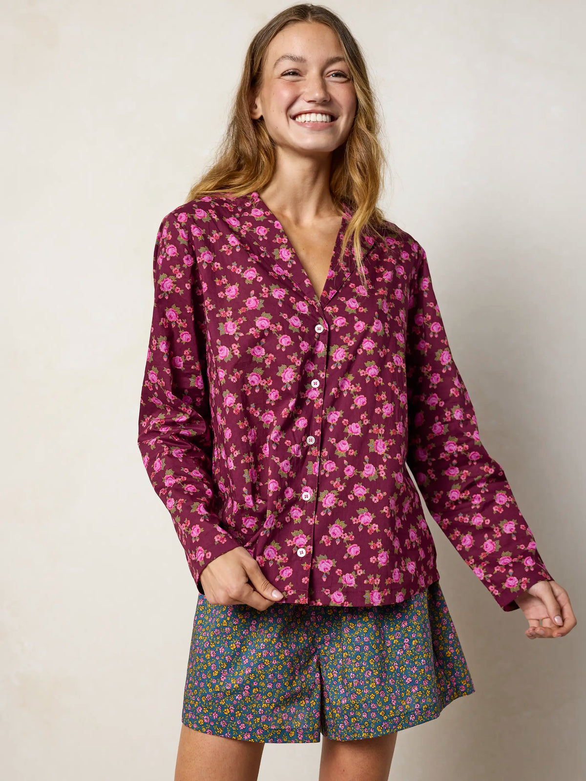 Mix & Match Cotton Long Sleeve Pajama Top - Porto Ditsy Merlot