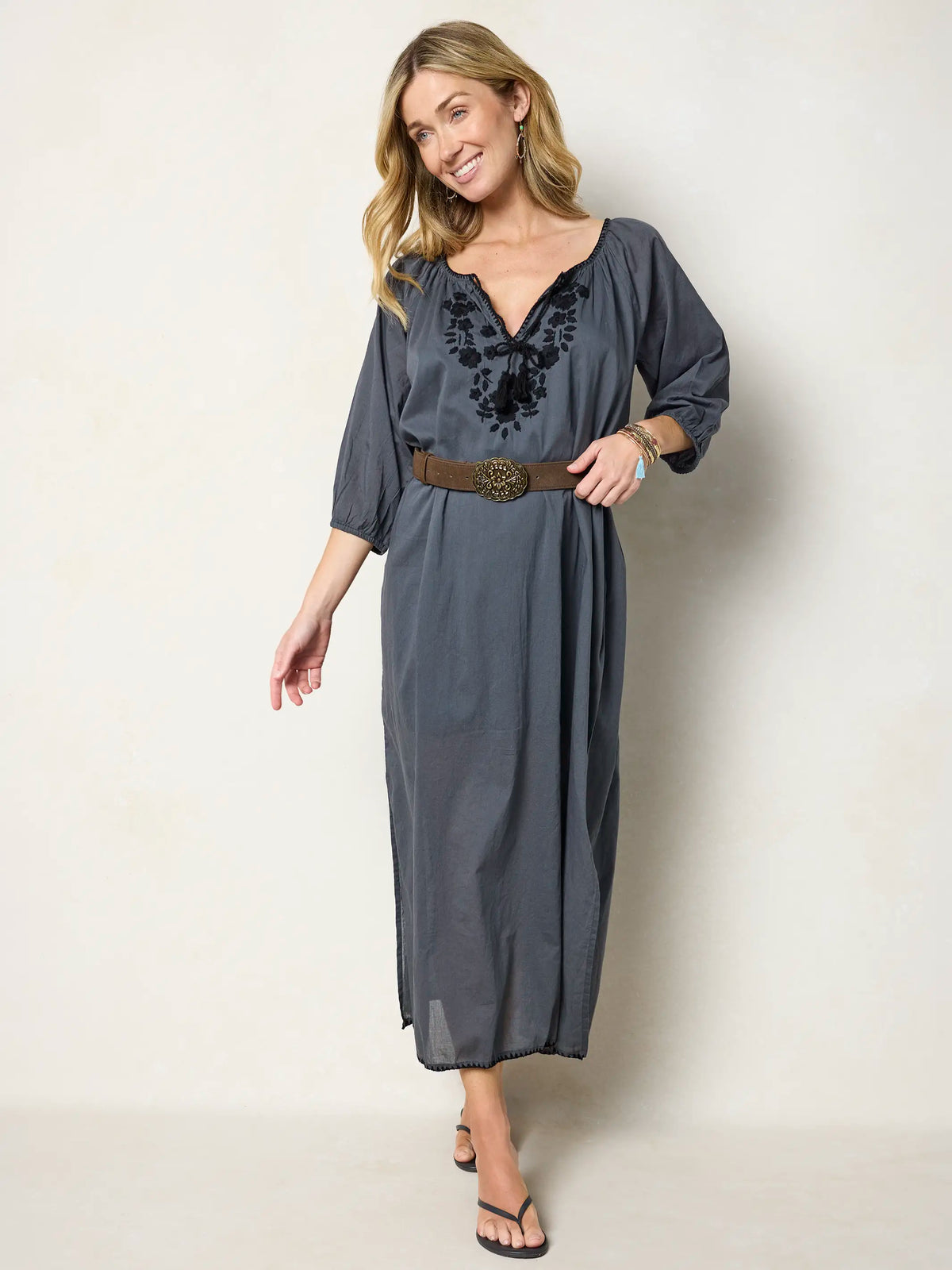 Christy Embroidered Cotton Maxi Dress - Charcoal