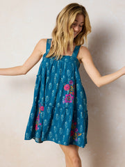Embroidered Kate Mini Dress - Block Stamp Indigo