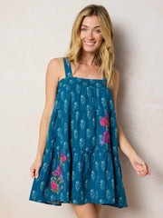 Embroidered Kate Mini Dress - Block Stamp Indigo