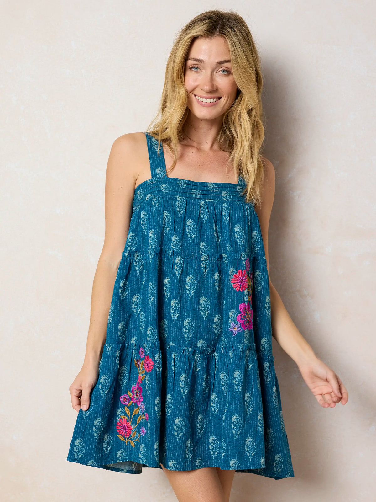 Embroidered Kate Mini Dress - Block Stamp Indigo
