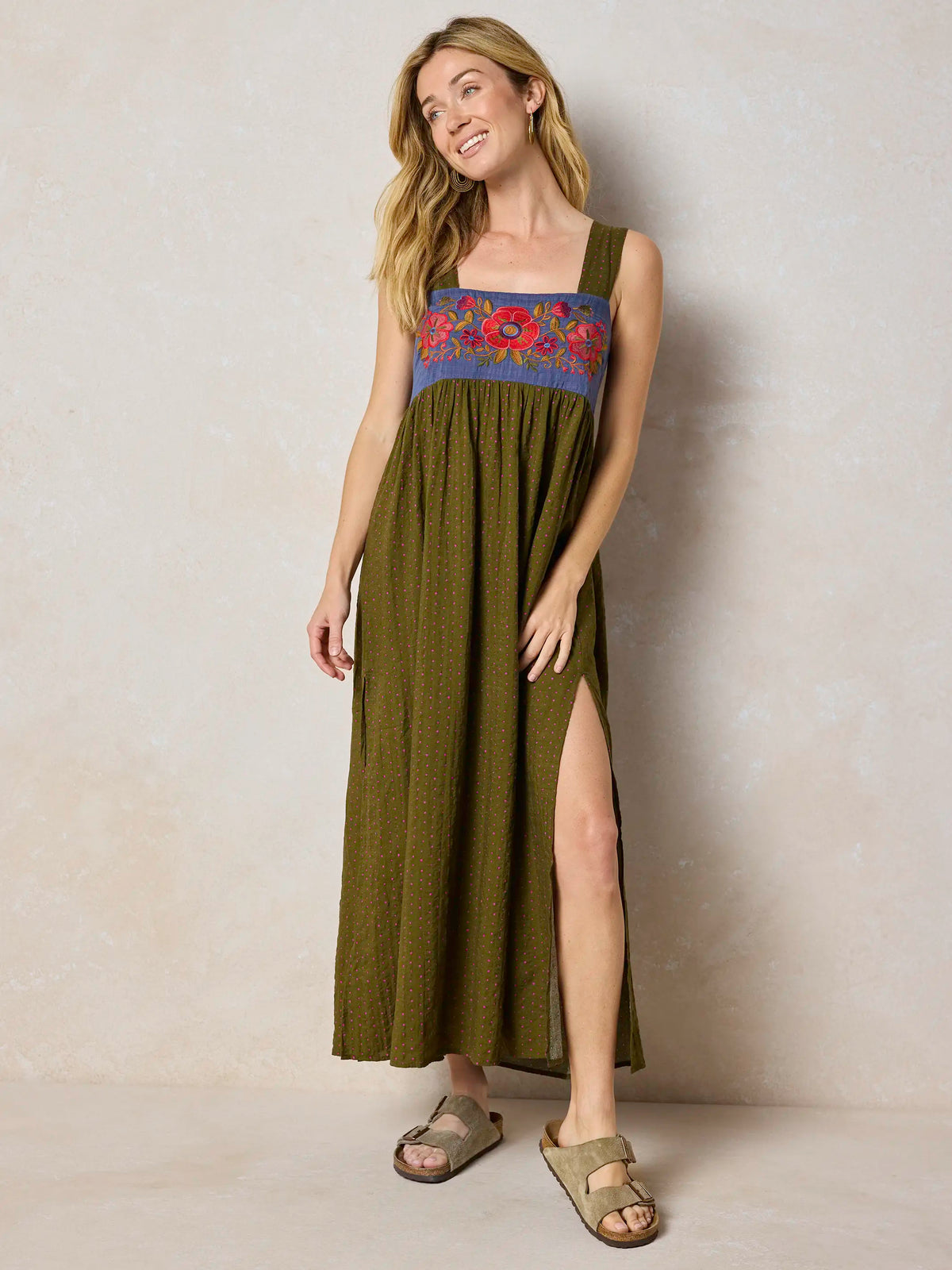 Tricia Embroidered Maxi Dress - Olive Polka Dot