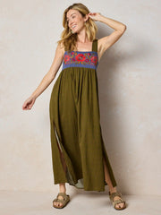 Tricia Embroidered Maxi Dress - Olive Polka Dot