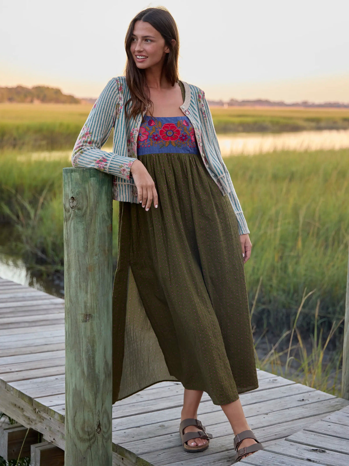 Tricia Embroidered Maxi Dress - Olive Polka Dot