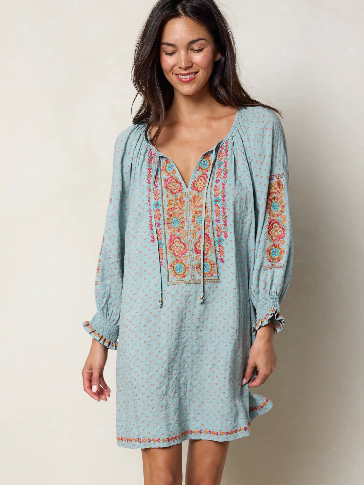 April Embroidered Mini Dress - Drawn Dots Blue