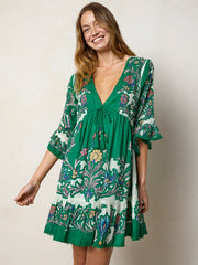 Capri Cotton Mini Dress - Kelly Green Floral