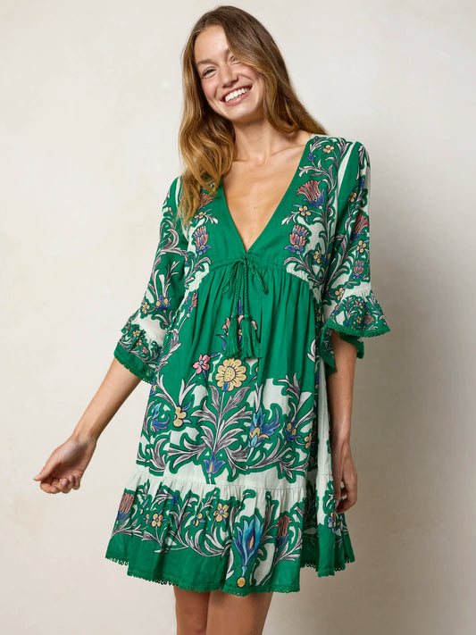 Capri Cotton Mini Dress - Kelly Green Floral