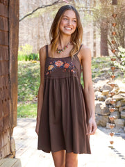 Patti Embroidered Mini Dress - Brown