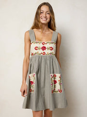 Memory Lane Smocked Cotton Embroidered Mini Dress - Ticking Stripe Navy