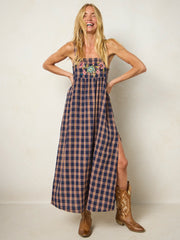 Patti Embroidered Cotton Flannel Maxi Dress - Navy Caramel Plaid