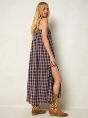 Patti Embroidered Cotton Flannel Maxi Dress - Navy Caramel Plaid