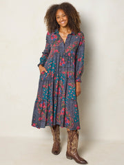 Rebecca Long Sleeve Midi Dress - Sintra Bandana Charcoal