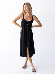 Relaxed Button Down Midi Dress - Black
