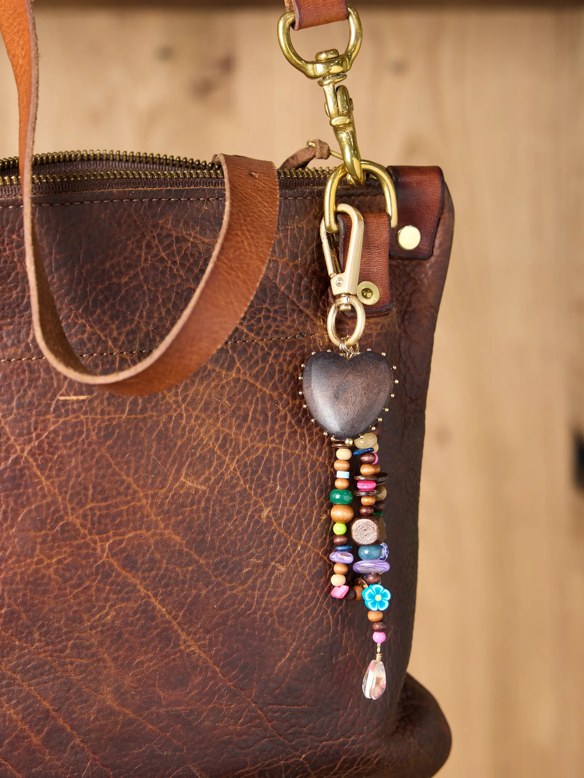Vintage Wooden Heart Bag Charm Keychain