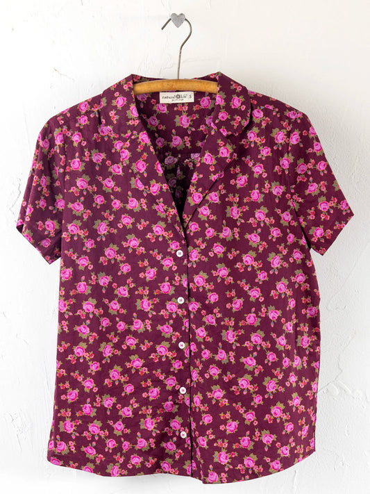 Mix & Match Cotton Short Sleeve Pajama Top - Porto Ditsy Merlot