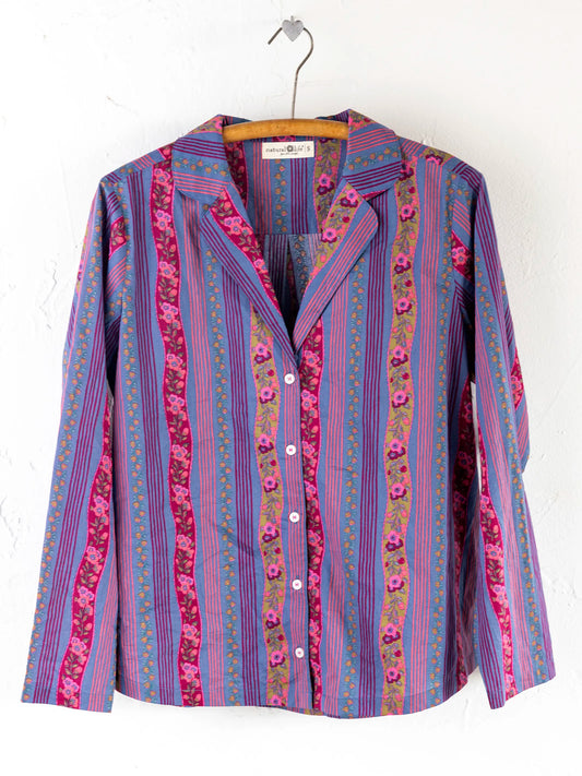 Mix & Match Cotton Long Sleeve Pajama Top - Retro Ribbons Navy