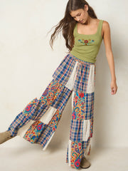 Patti Patchwork Palazzo Pants - Plaid Blue Fuchsia