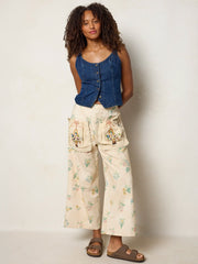 Brimfield Embroidered Cotton Pants - Cream Posies