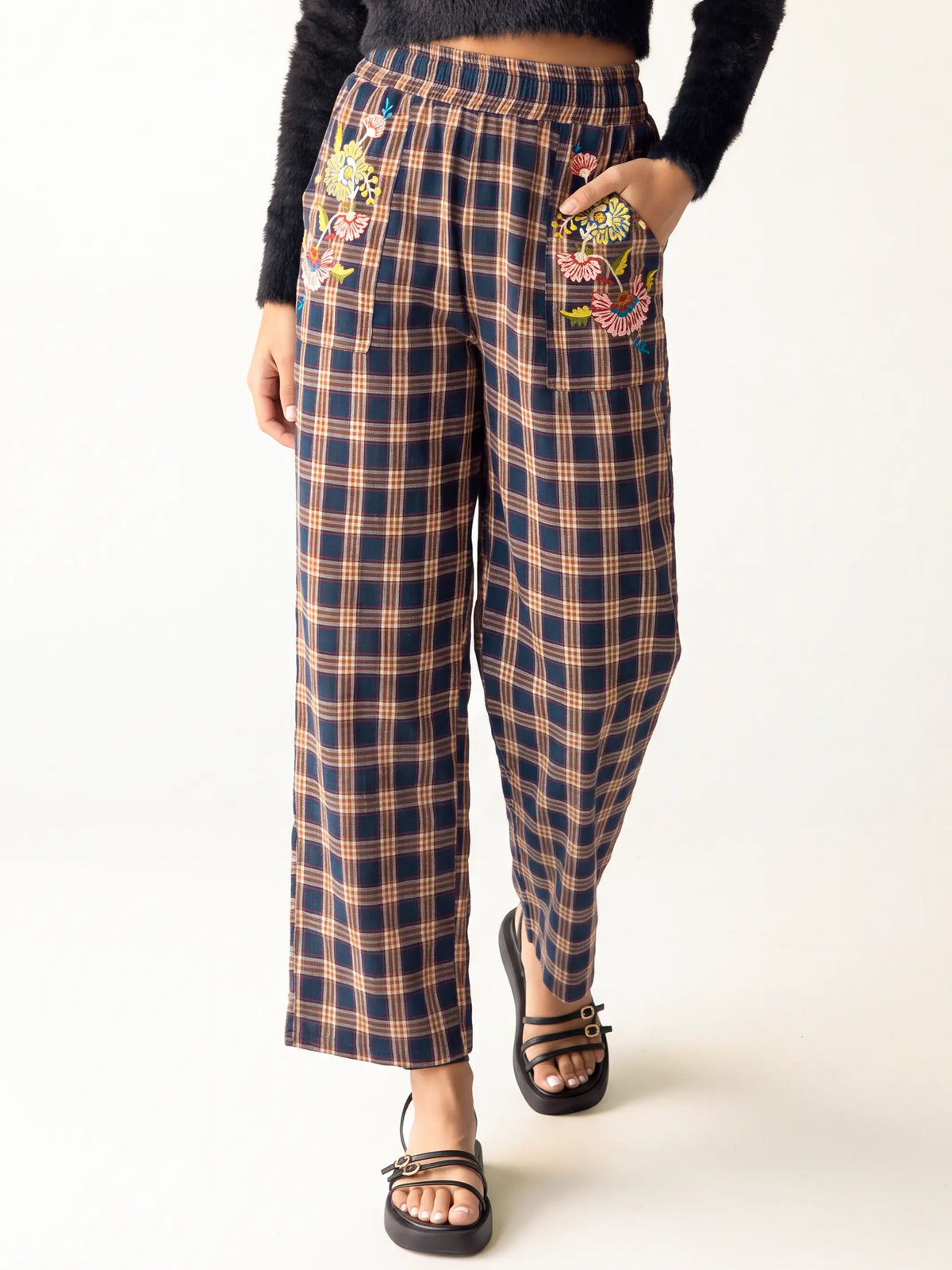 Beckett Embroidered Cotton Flannel Pants - Navy Caramel Plaid